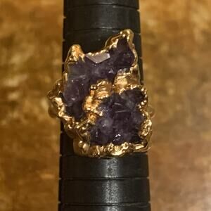Gold Plated & Uncut Amethyst Ring Size 7 Eclectic Unique Statement